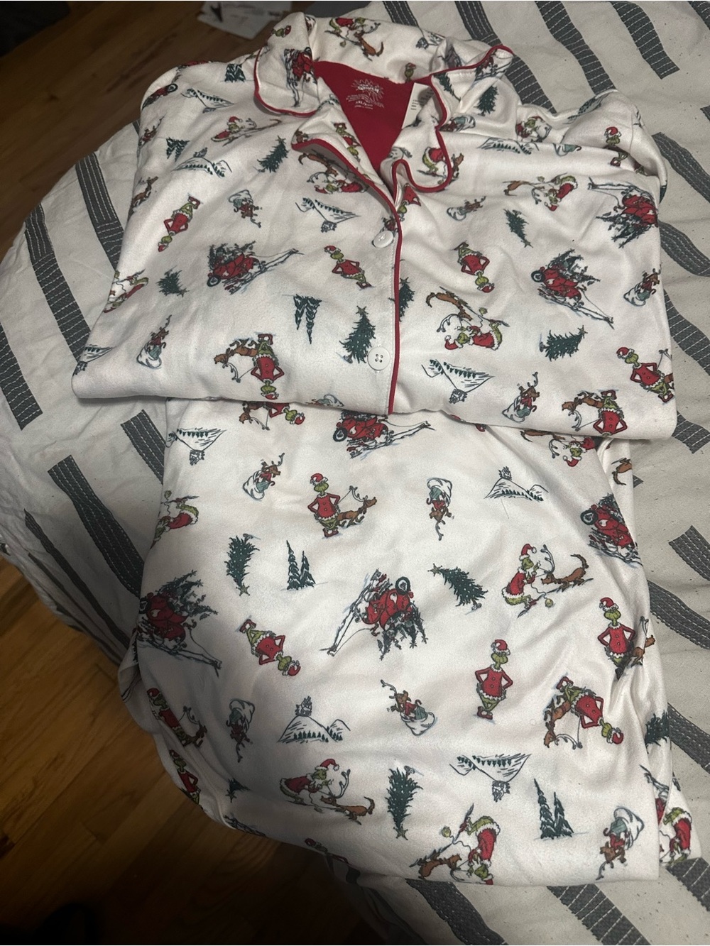 Adult Grinch Holiday Print Pajama Set with Red Trim